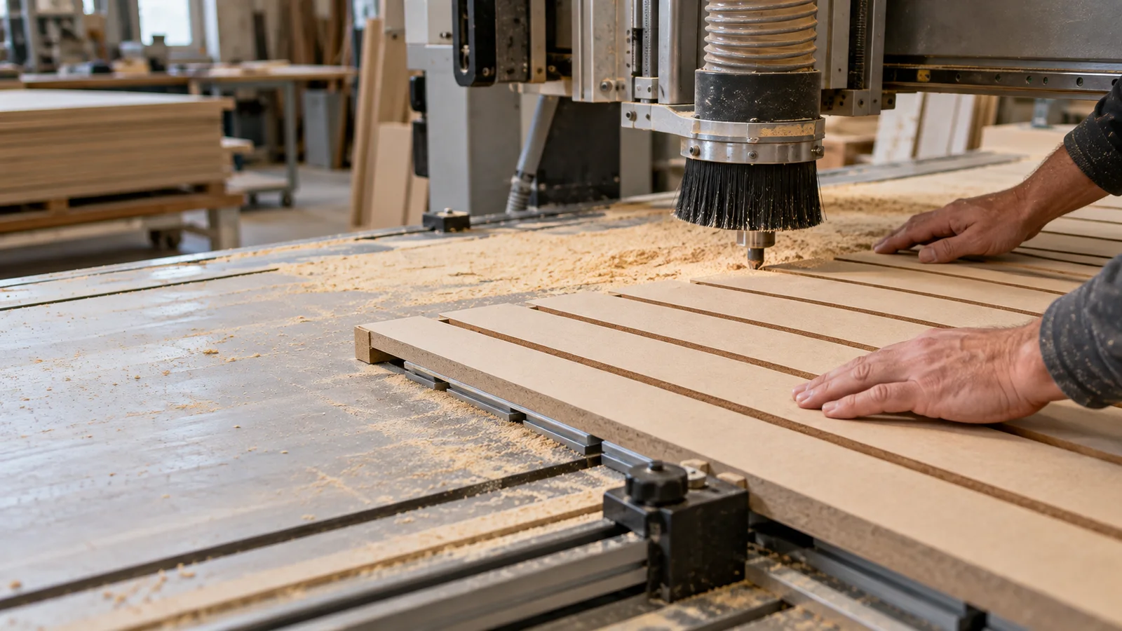 Close-up of hands cutting a slatwall panel on a CNC router, warm interior light, only naturally framed hands, no faces