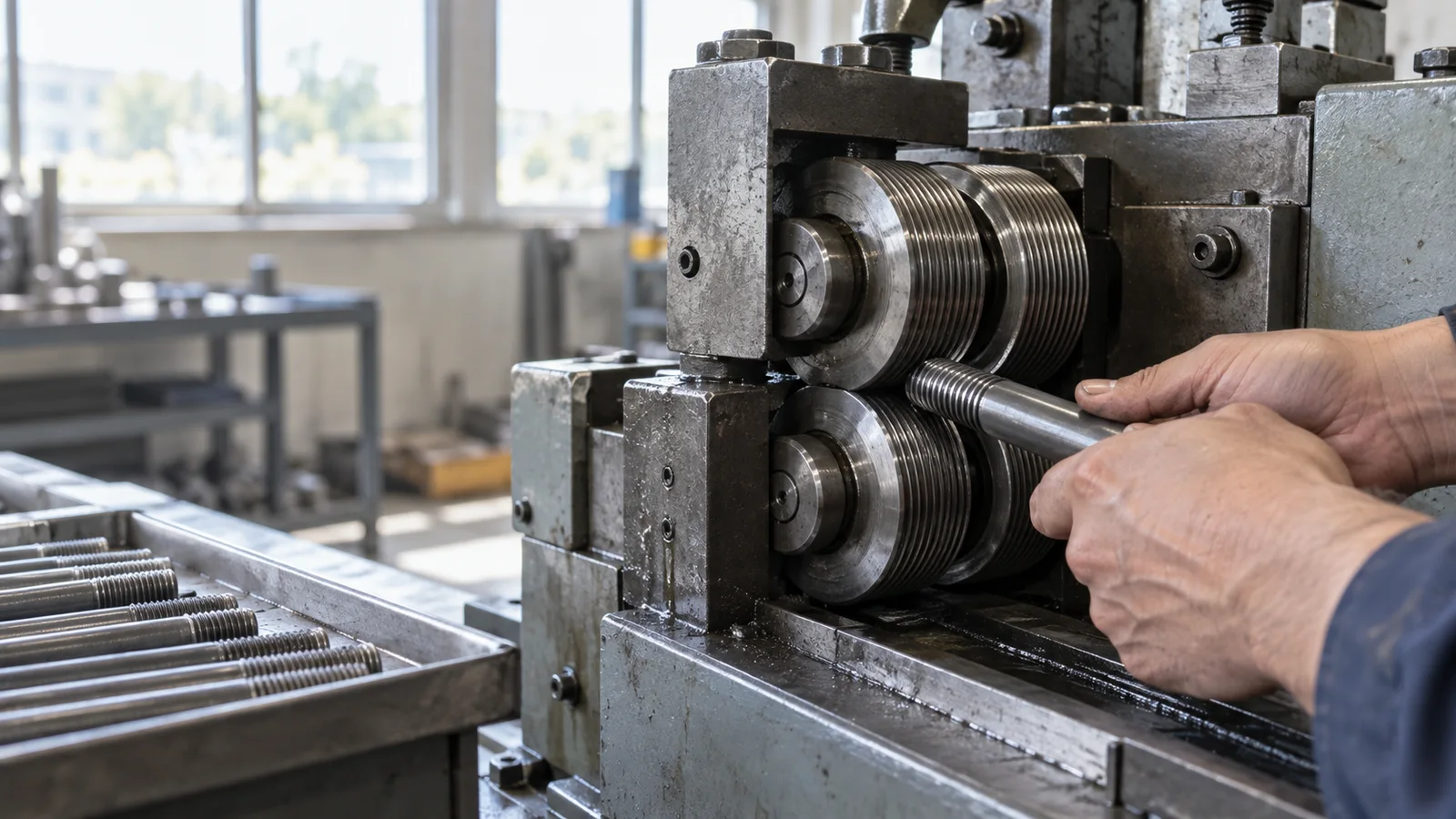 Close-up of hands rolling threads onto a high-tensile stud, bright daylight through the windows, only naturally framed hands, no faces