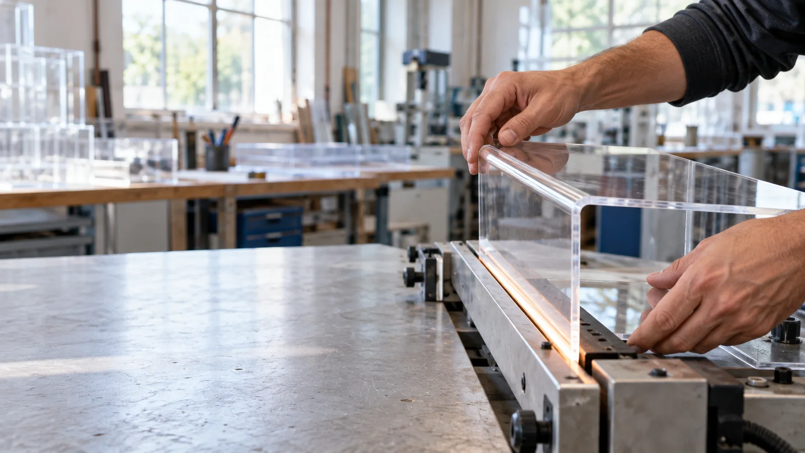 Close-up of hands heat-forming an acrylic display case, bright daylight through the windows, only naturally framed hands, no faces