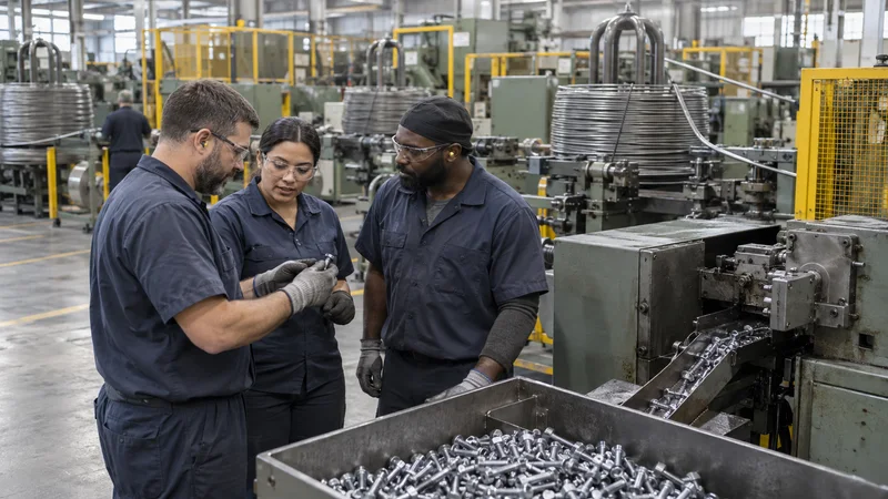 A few fastener production operators working together, cold-heading production floor with wire-rod feed lines forming bolt heads in the background, soft even indoor light