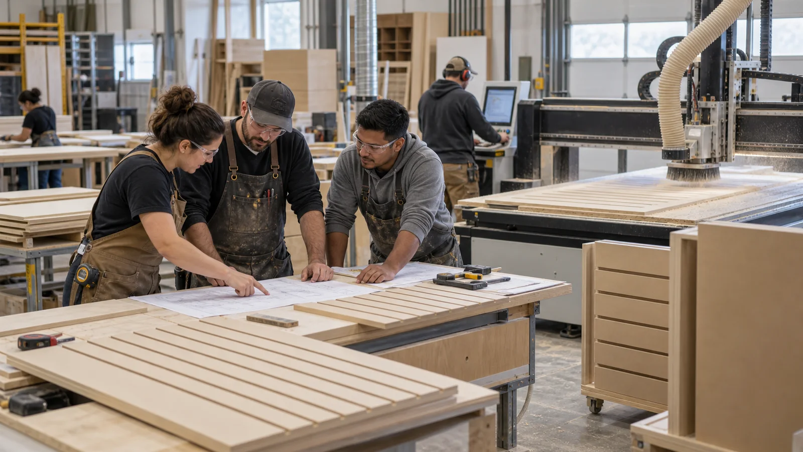 A few millwork fabricator at a CNC routers working together, millwork shop cutting slatwall panels on a CNC router in the background, soft even indoor light