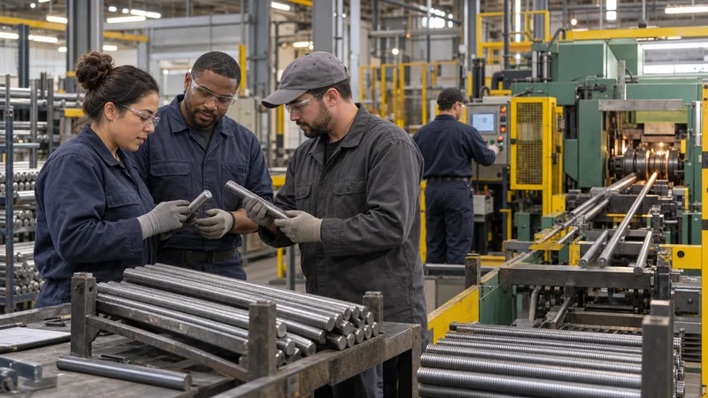 A few fastener production operators working together, thread-rolling line producing high-tensile studs and rods in the background, warm interior light