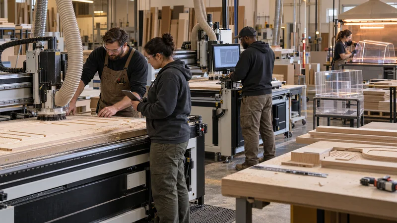 A few millwork fabricator at a CNC routers working together, acrylic fabrication bay heat-forming a display case in the background, warm interior light