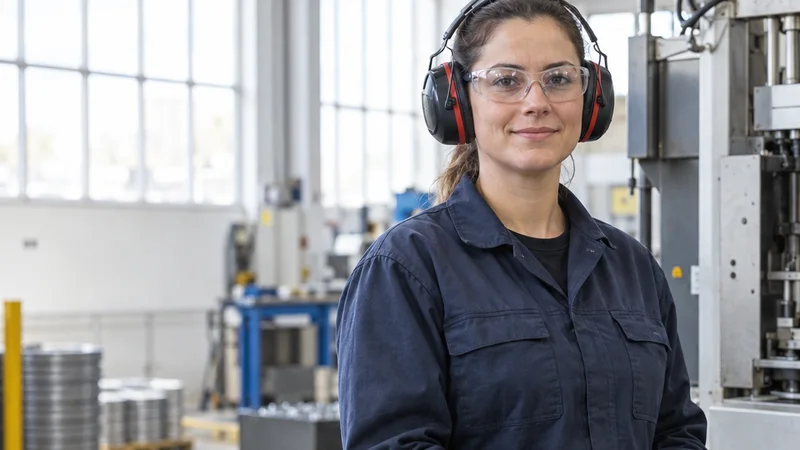 Mid-length portrait of a fastener production operator, fastener manufacturing, bright daylight through the windows, plain working backdrop with copy space