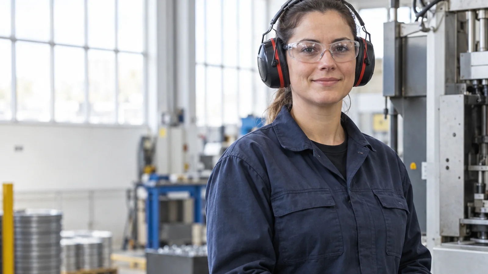 Mid-length portrait of a fastener production operator, fastener manufacturing, bright daylight through the windows, plain working backdrop with copy space