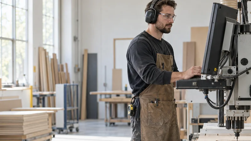 Mid-length portrait of a millwork fabricator at a CNC router, retail fixture manufacturing, bright daylight through the windows, plain working backdrop with copy space
