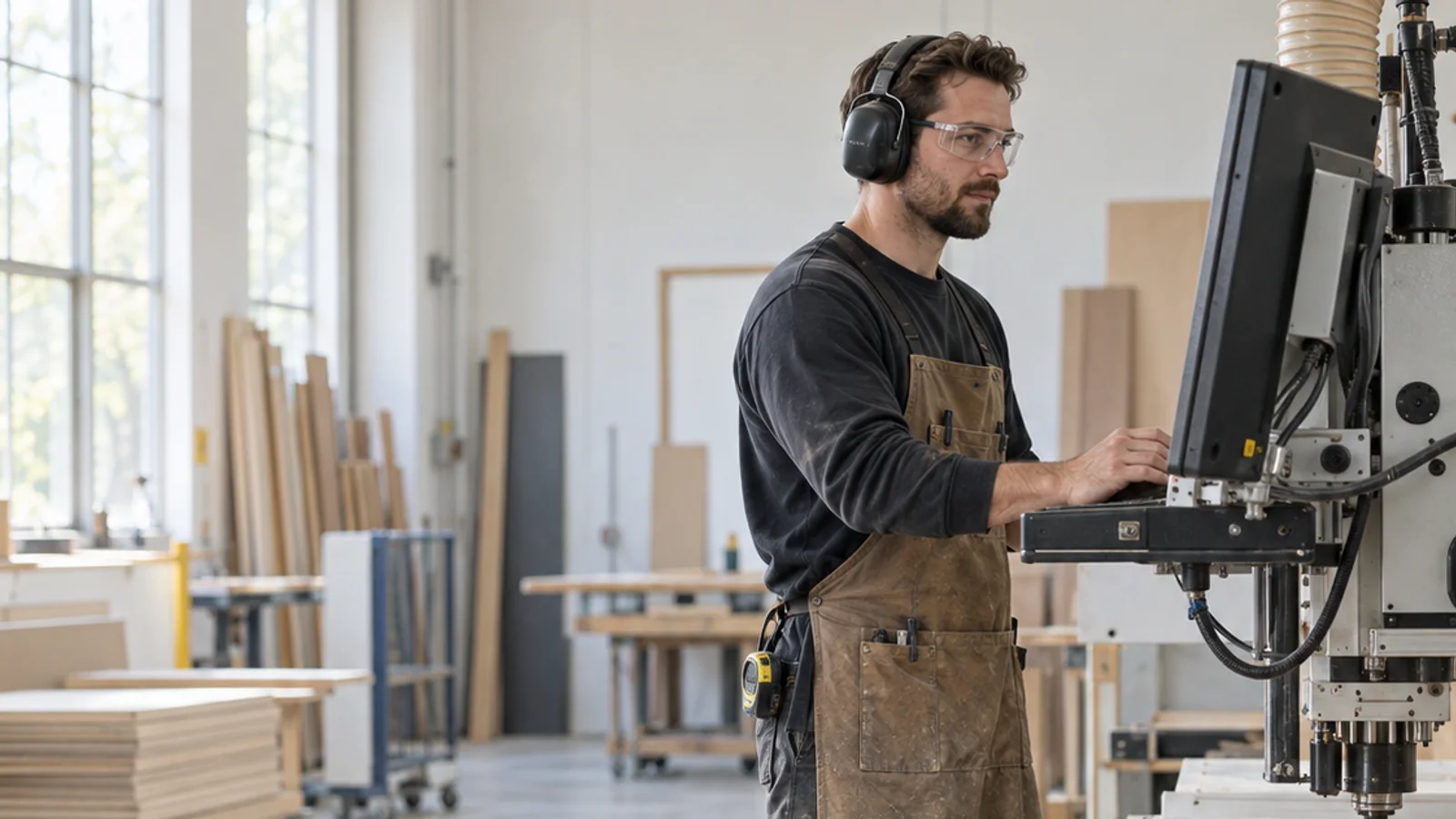 Mid-length portrait of a millwork fabricator at a CNC router, retail fixture manufacturing, bright daylight through the windows, plain working backdrop with copy space