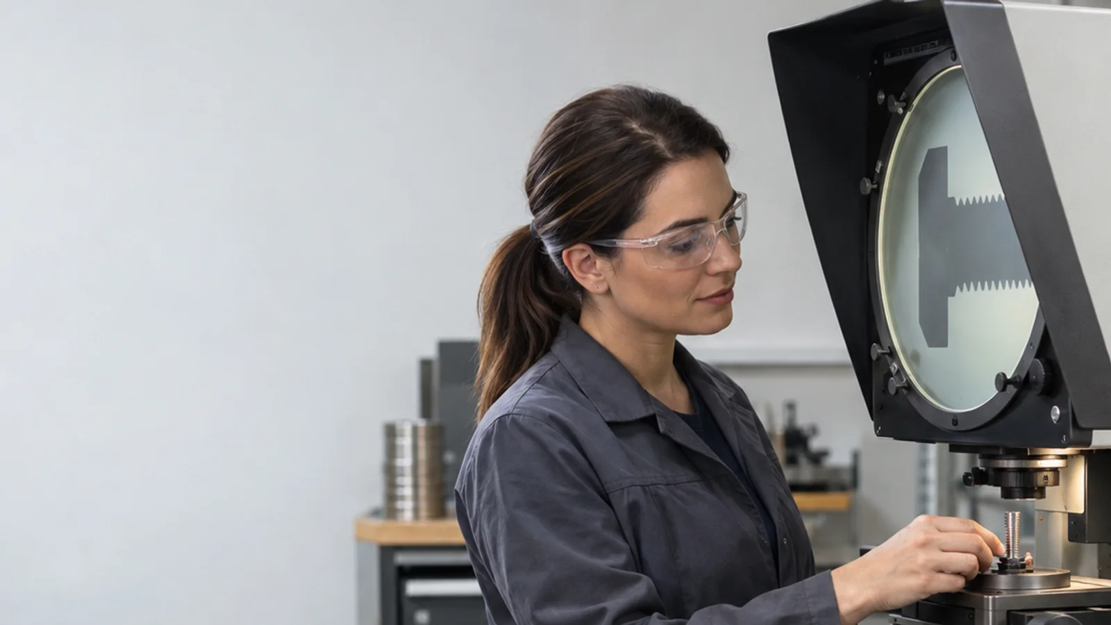 Mid-length portrait of a quality inspector at a comparator station, fastener manufacturing, soft even indoor light, plain working backdrop with copy space