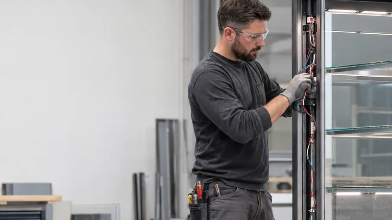 Mid-length portrait of a fixture installer wiring a display case, retail fixture manufacturing, soft even indoor light, plain working backdrop with copy space