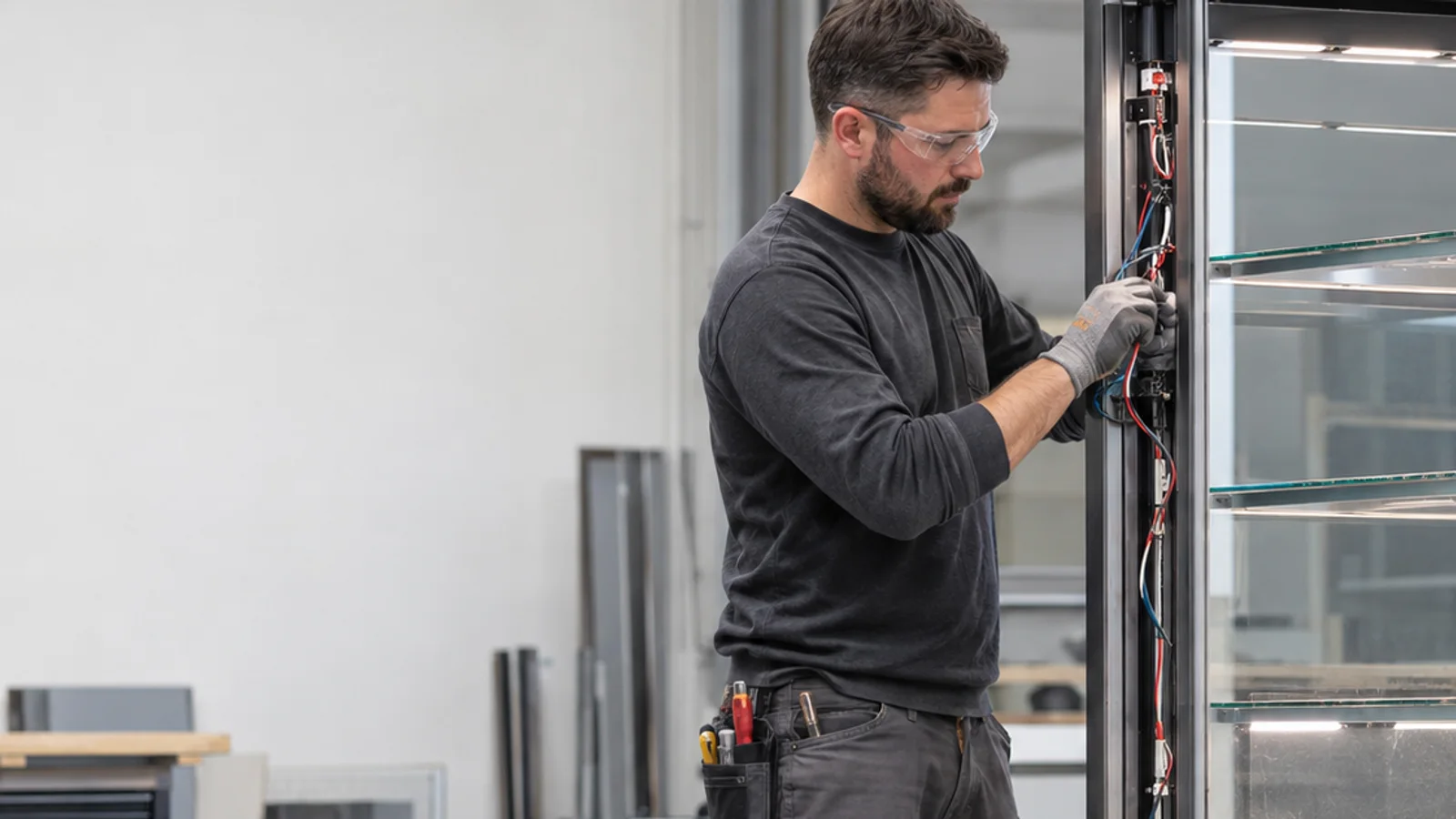 Mid-length portrait of a fixture installer wiring a display case, retail fixture manufacturing, soft even indoor light, plain working backdrop with copy space