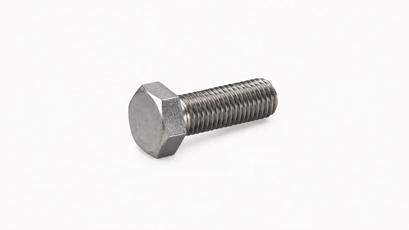 Isolated a high-tensile hex bolt with a chamfered head centred on a seamless pale off-white studio background, generous empty margin on every side for overlaid branding
