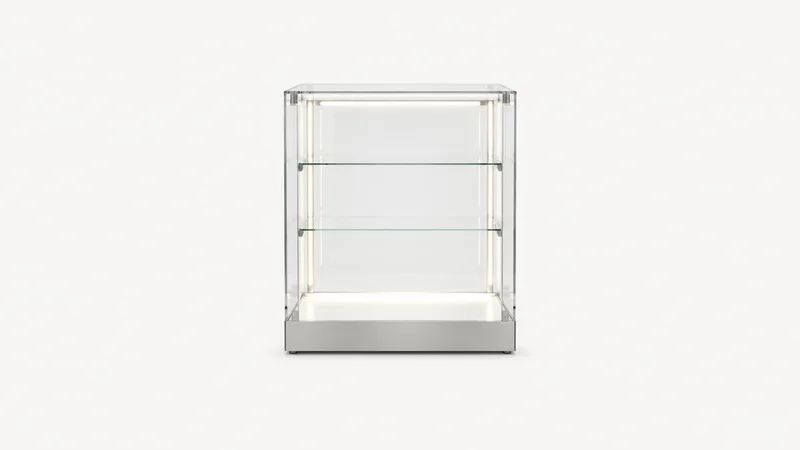 Isolated an empty illuminated acrylic display case centred on a seamless pale off-white studio background, generous empty margin on every side for overlaid branding
