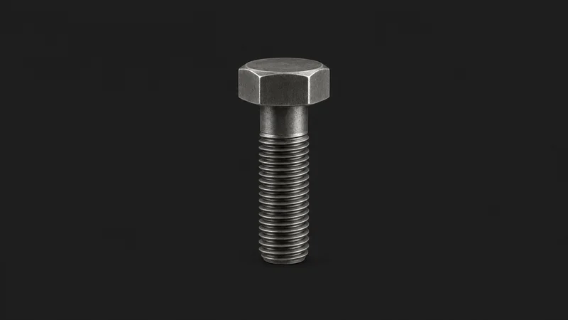 Isolated a high-tensile hex bolt with a chamfered head centred on a seamless deep charcoal near-black studio background, generous empty margin on every side for overlaid branding