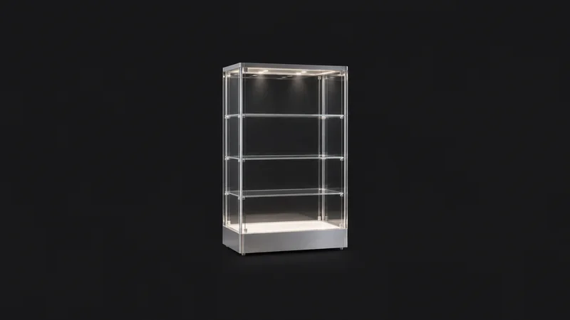 Isolated an empty illuminated acrylic display case centred on a seamless deep charcoal near-black studio background, generous empty margin on every side for overlaid branding