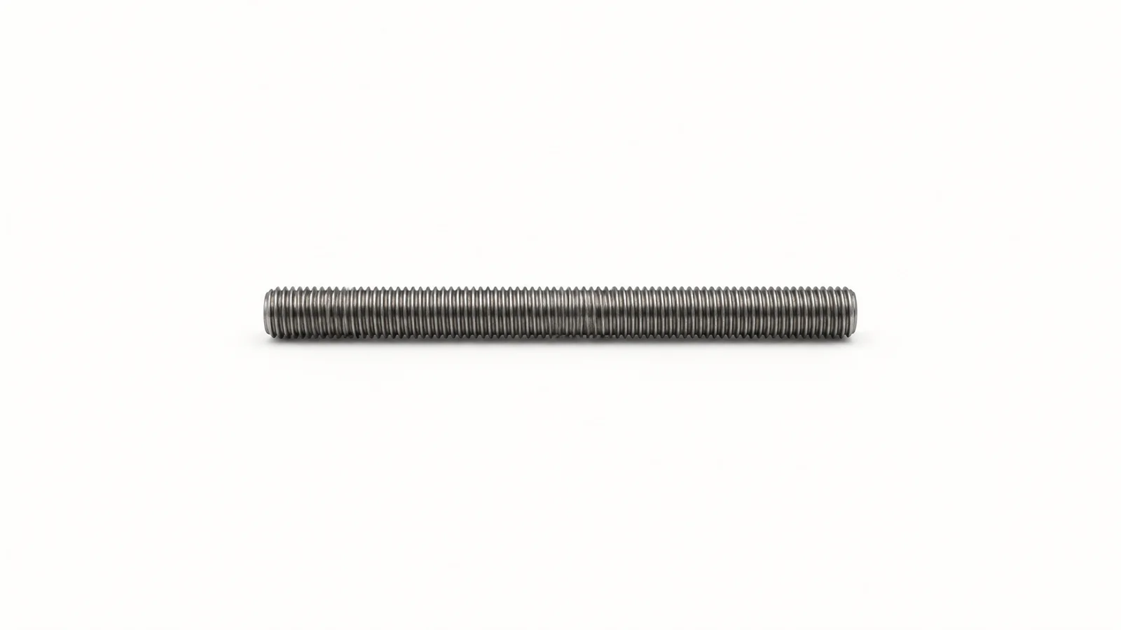 Isolated a long high-tensile threaded stud rod centred on a seamless pale off-white studio background, generous empty margin on every side for overlaid branding