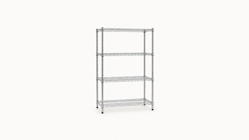 Isolated a modular wire shelving rack centred on a seamless pale off-white studio background, generous empty margin on every side for overlaid branding