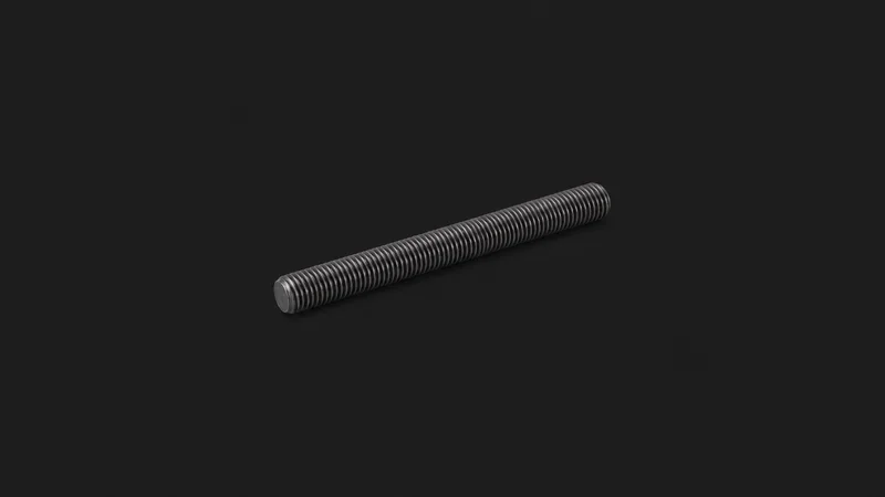 Isolated a long high-tensile threaded stud rod centred on a seamless deep charcoal near-black studio background, generous empty margin on every side for overlaid branding