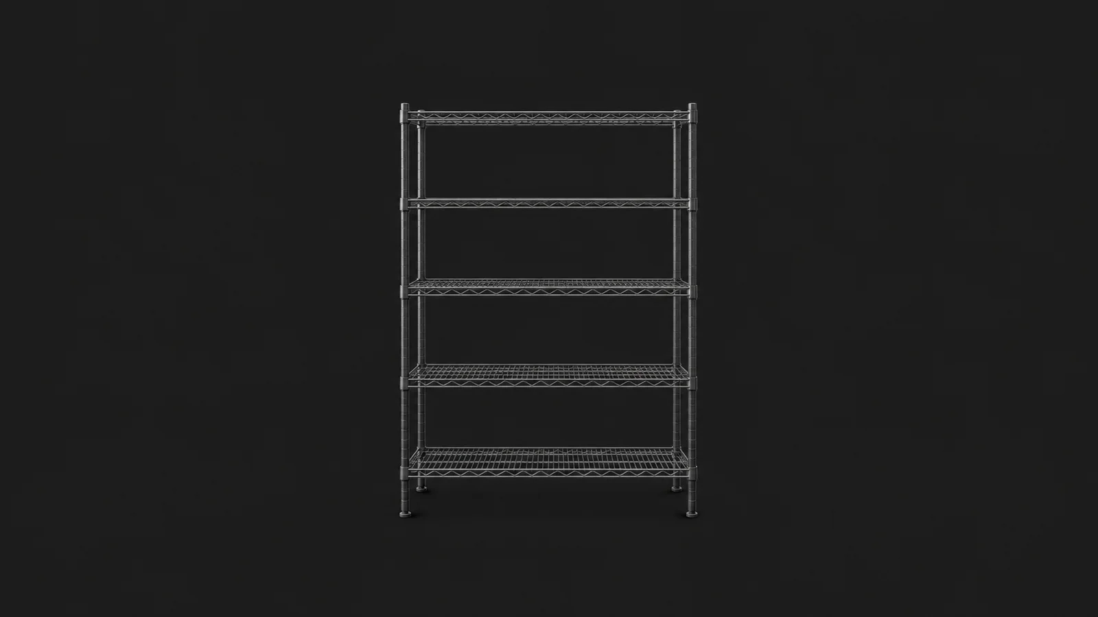 Isolated a modular wire shelving rack centred on a seamless deep charcoal near-black studio background, generous empty margin on every side for overlaid branding