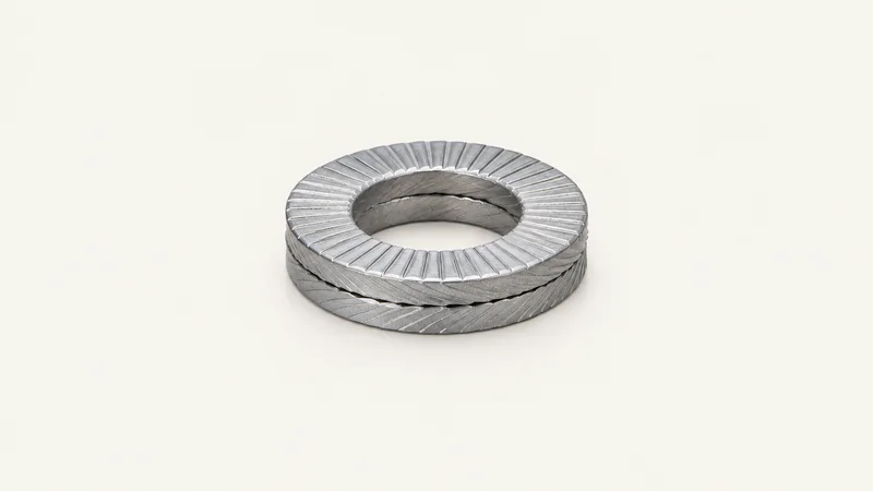 Isolated a wedge-lock washer pair interlocked at the cam faces centred on a seamless pale off-white studio background, generous empty margin on every side for overlaid branding