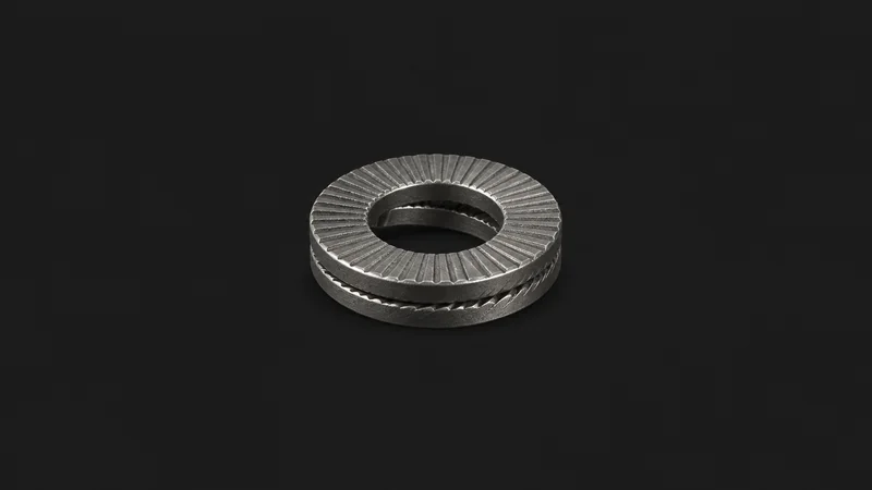 Isolated a wedge-lock washer pair interlocked at the cam faces centred on a seamless deep charcoal near-black studio background, generous empty margin on every side for overlaid branding