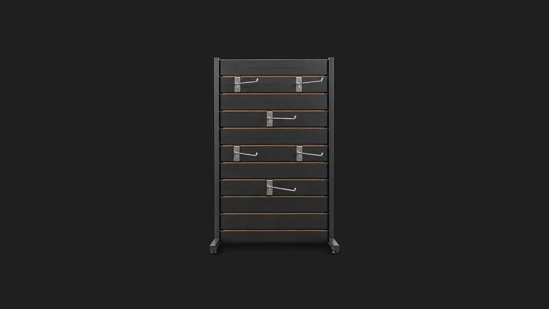Isolated a slatwall panel with display hooks centred on a seamless deep charcoal near-black studio background, generous empty margin on every side for overlaid branding