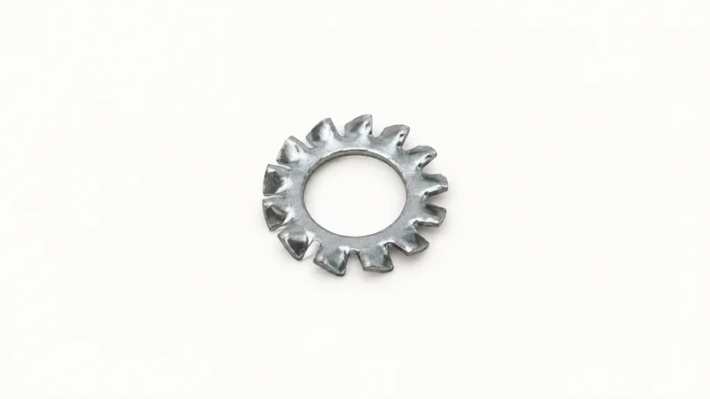 Isolated a grip lock washer with serrated radial teeth centred on a seamless pale off-white studio background, generous empty margin on every side for overlaid branding