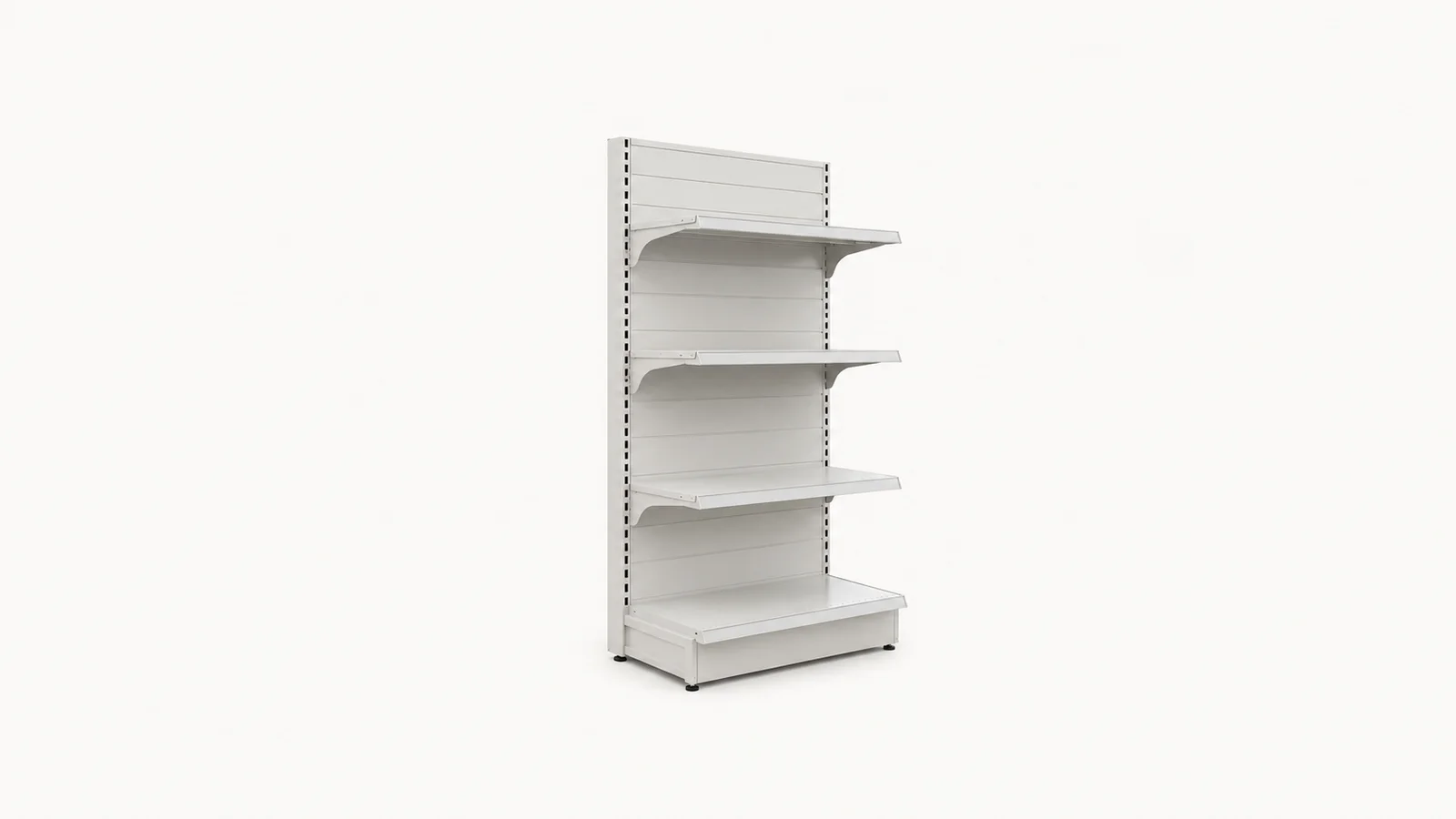 Isolated a gondola shelf unit end-cap centred on a seamless pale off-white studio background, generous empty margin on every side for overlaid branding