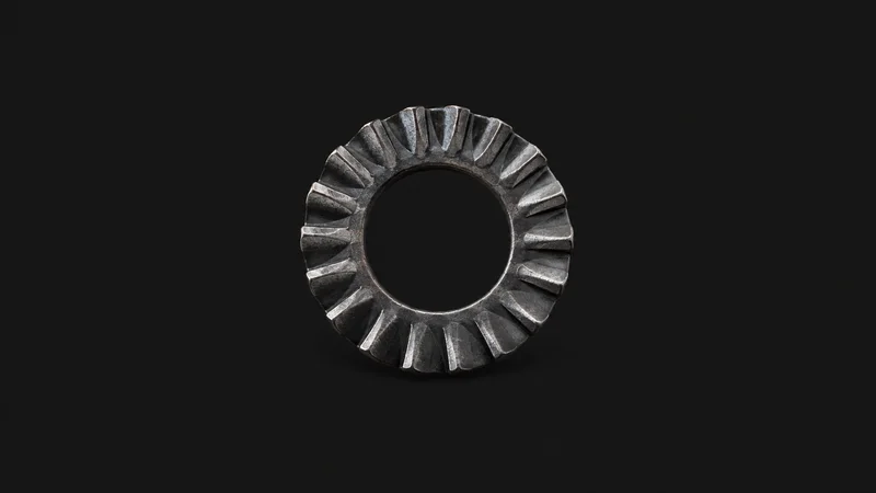 Isolated a grip lock washer with serrated radial teeth centred on a seamless deep charcoal near-black studio background, generous empty margin on every side for overlaid branding