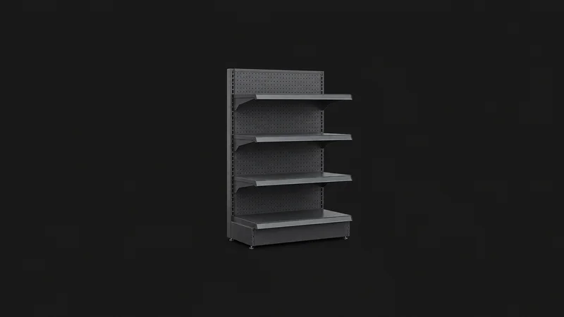 Isolated a gondola shelf unit end-cap centred on a seamless deep charcoal near-black studio background, generous empty margin on every side for overlaid branding