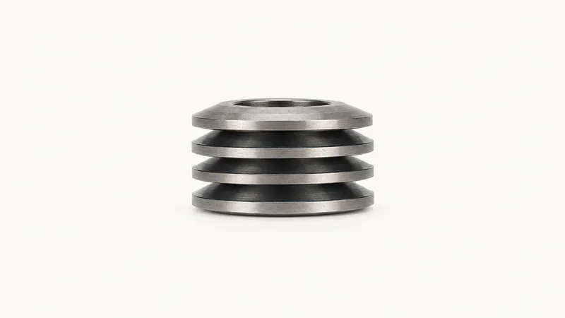 Isolated a stack of disc springs in cross-section centred on a seamless pale off-white studio background, generous empty margin on every side for overlaid branding