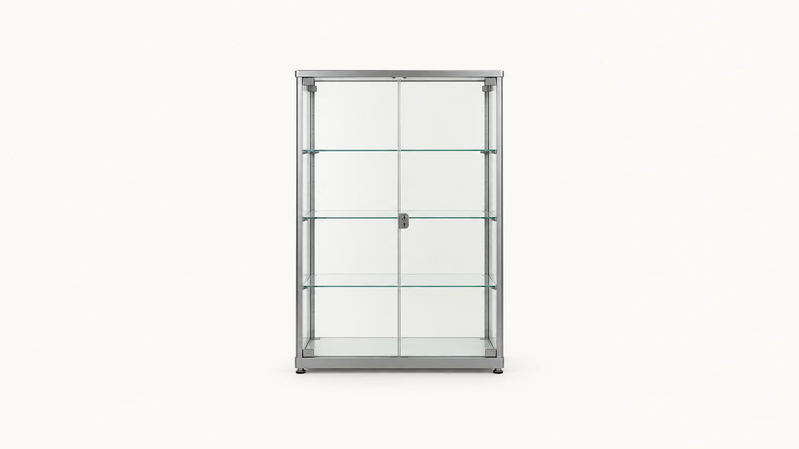 Isolated an empty locked glass display cabinet centred on a seamless pale off-white studio background, generous empty margin on every side for overlaid branding