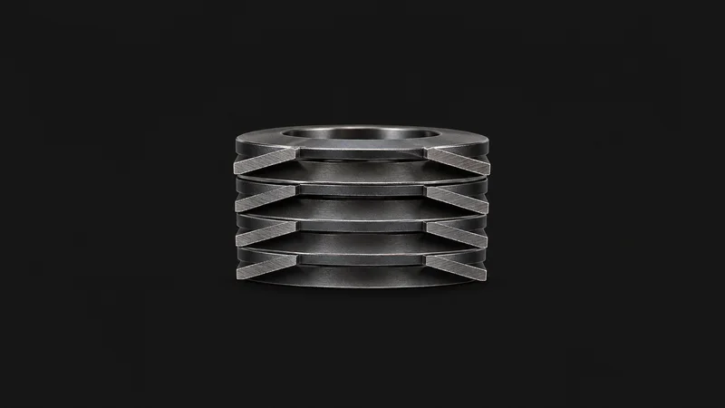 Isolated a stack of disc springs in cross-section centred on a seamless deep charcoal near-black studio background, generous empty margin on every side for overlaid branding