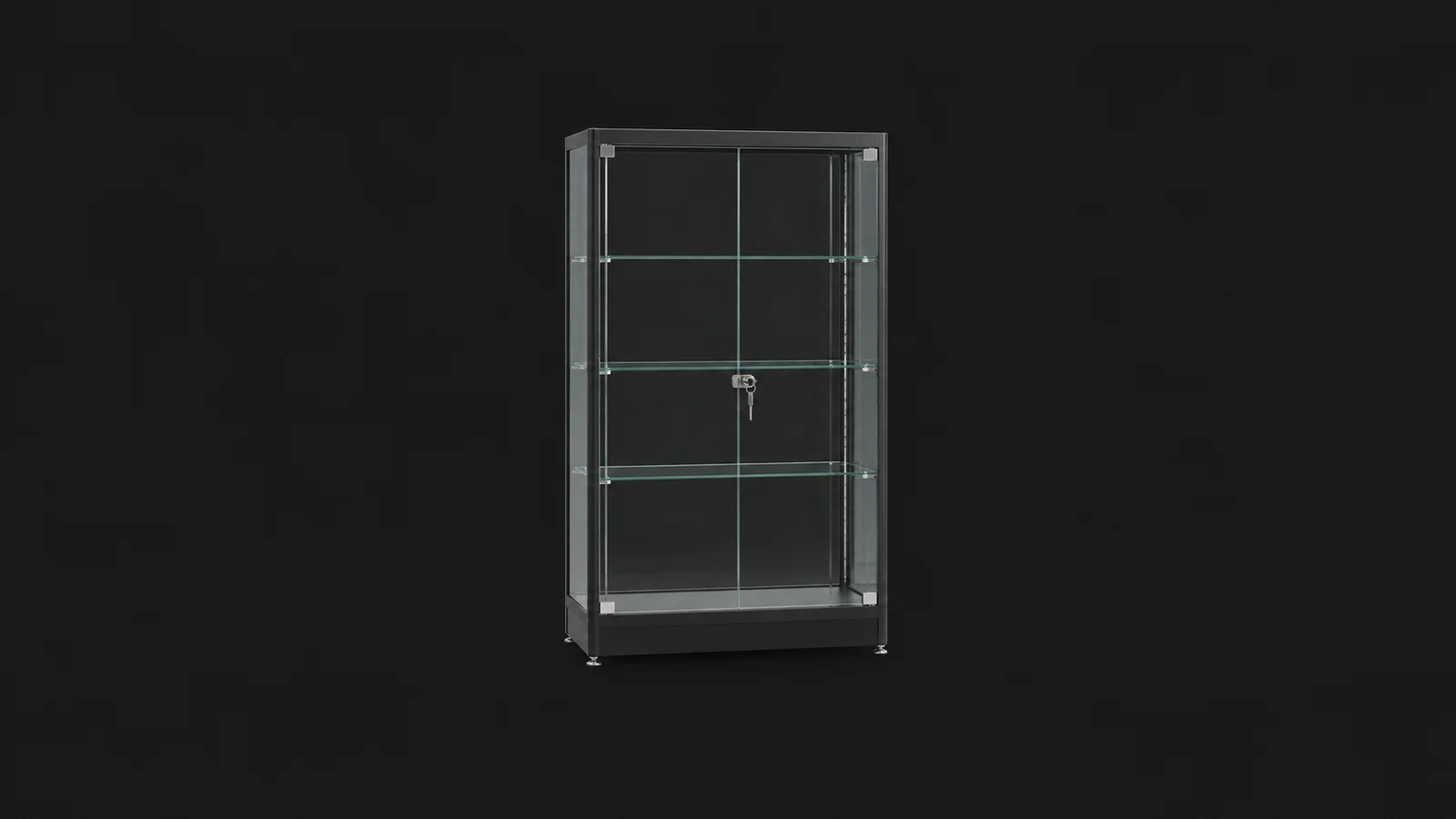 Isolated an empty locked glass display cabinet centred on a seamless deep charcoal near-black studio background, generous empty margin on every side for overlaid branding