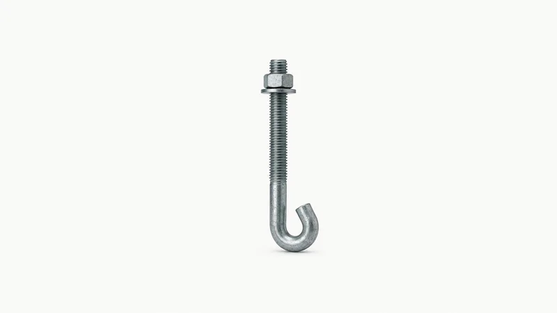 Isolated a large anchor bolt with a bent J-hook end centred on a seamless pale off-white studio background, generous empty margin on every side for overlaid branding