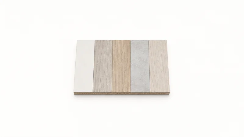 Isolated a laminate finish sample swatch board centred on a seamless pale off-white studio background, generous empty margin on every side for overlaid branding