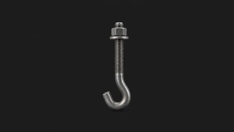 Isolated a large anchor bolt with a bent J-hook end centred on a seamless deep charcoal near-black studio background, generous empty margin on every side for overlaid branding