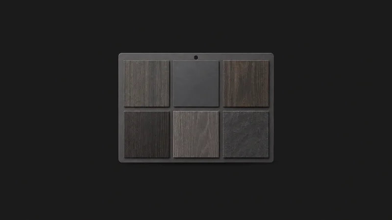 Isolated a laminate finish sample swatch board centred on a seamless deep charcoal near-black studio background, generous empty margin on every side for overlaid branding