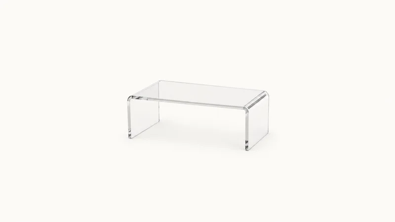 Isolated an acrylic sign riser centred on a seamless pale off-white studio background, generous empty margin on every side for overlaid branding