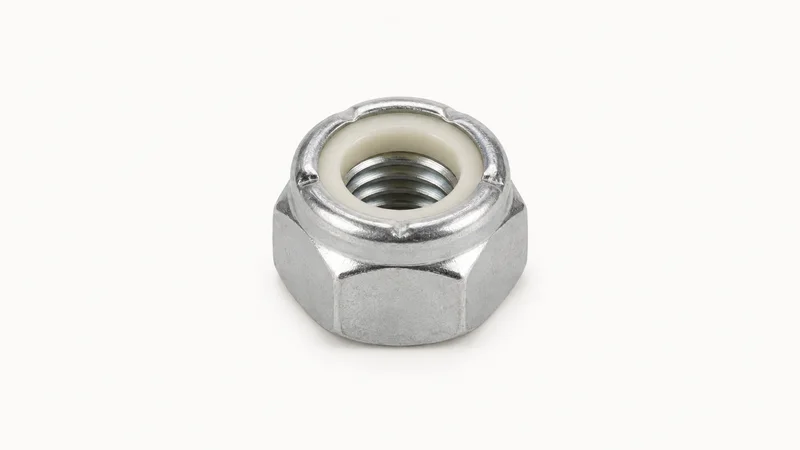 Isolated a self-locking nylon-insert nut centred on a seamless pale off-white studio background, generous empty margin on every side for overlaid branding