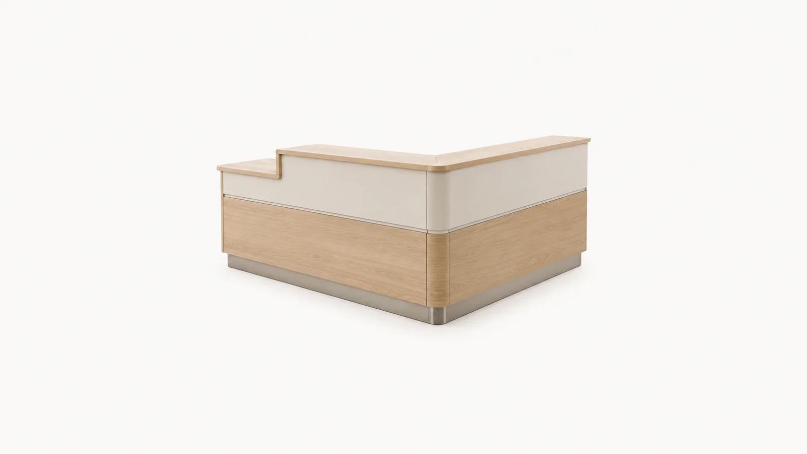 Isolated a point-of-sale counter corner unit centred on a seamless pale off-white studio background, generous empty margin on every side for overlaid branding