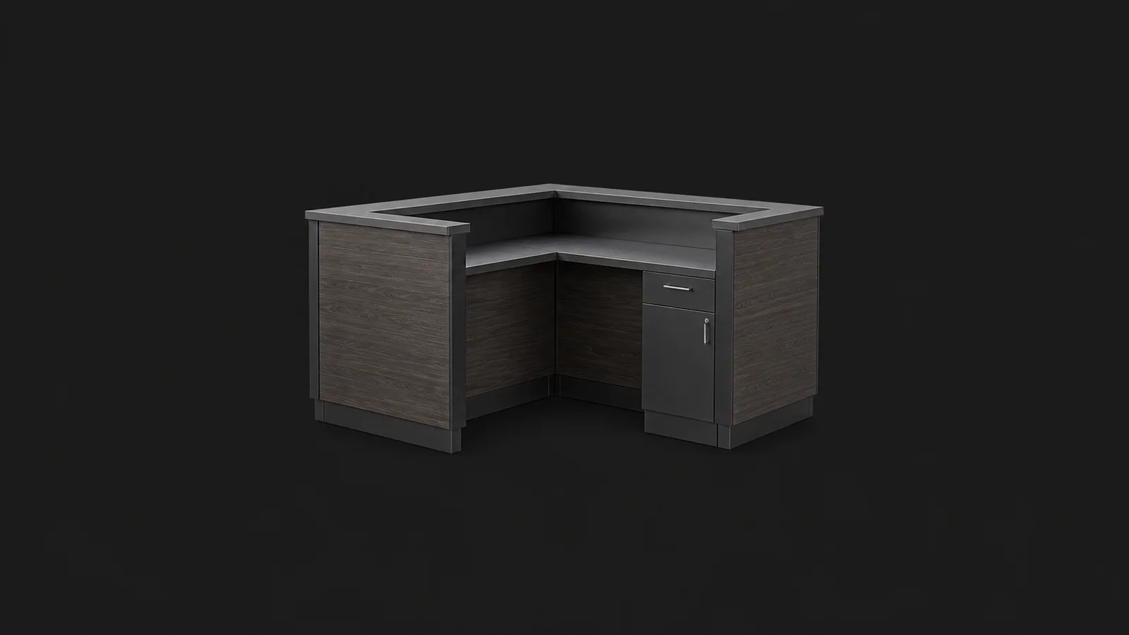 Isolated a point-of-sale counter corner unit centred on a seamless deep charcoal near-black studio background, generous empty margin on every side for overlaid branding