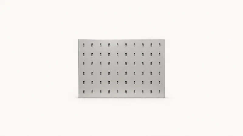 Abstract a grid pattern of slatwall hook holes motif centred on a seamless pale off-white studio background, generous empty margin for overlaid branding