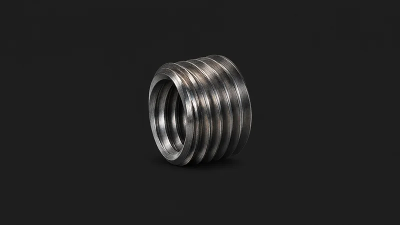 Abstract a macro pattern of rolled bolt threads motif centred on a seamless deep charcoal near-black studio background, generous empty margin for overlaid branding
