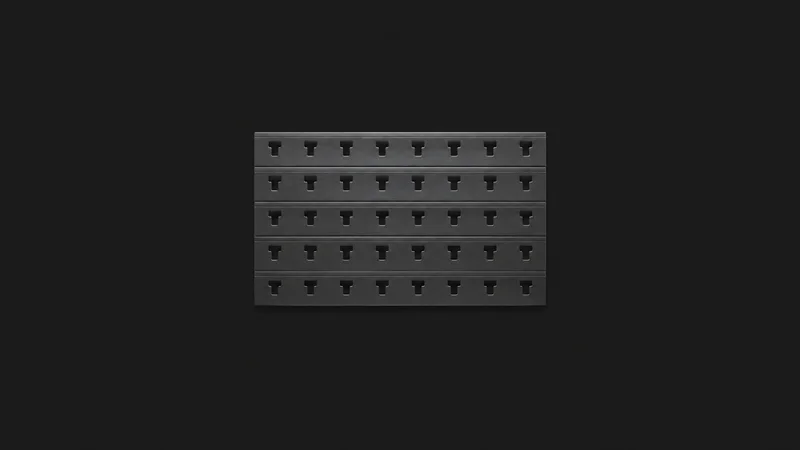 Abstract a grid pattern of slatwall hook holes motif centred on a seamless deep charcoal near-black studio background, generous empty margin for overlaid branding