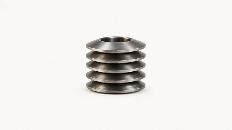 Abstract a cross-section stack of disc springs motif centred on a seamless pale off-white studio background, generous empty margin for overlaid branding