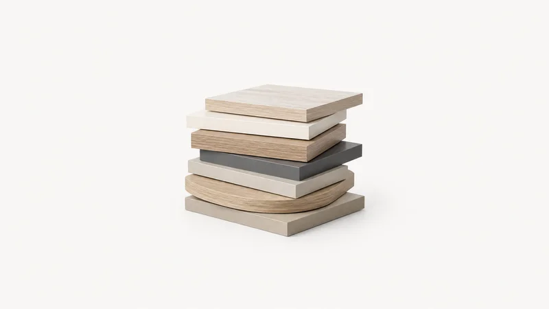 Abstract a stack of laminate finish samples motif centred on a seamless pale off-white studio background, generous empty margin for overlaid branding