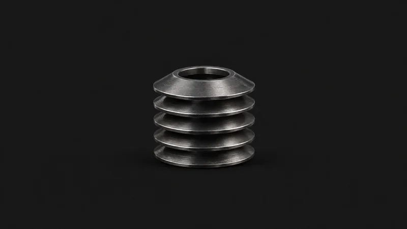 Abstract a cross-section stack of disc springs motif centred on a seamless deep charcoal near-black studio background, generous empty margin for overlaid branding