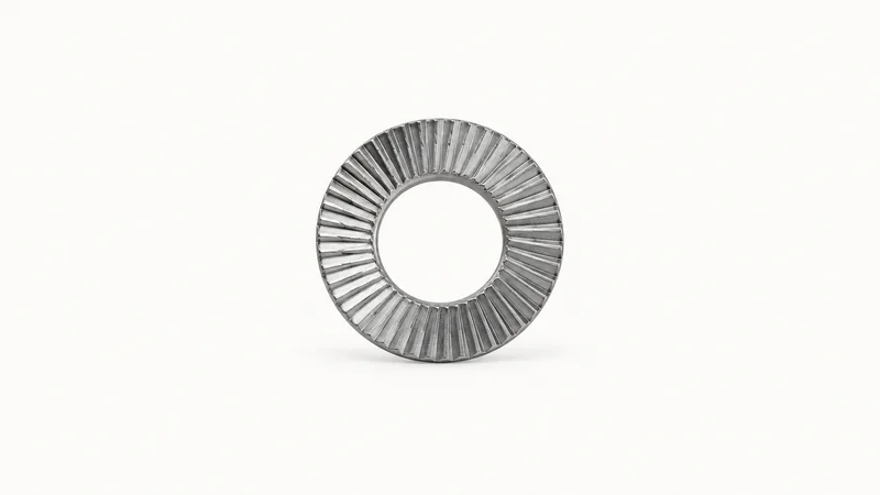 Abstract a field of wedge-lock washer serrations motif centred on a seamless pale off-white studio background, generous empty margin for overlaid branding
