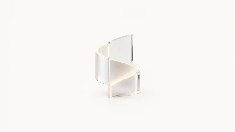Abstract an acrylic edge-lit light pattern motif centred on a seamless pale off-white studio background, generous empty margin for overlaid branding