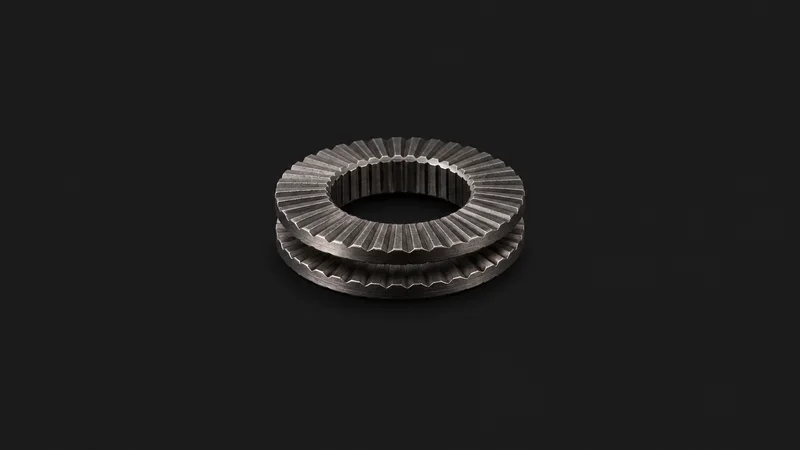Abstract a field of wedge-lock washer serrations motif centred on a seamless deep charcoal near-black studio background, generous empty margin for overlaid branding